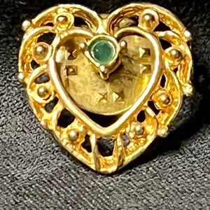 Intricate Gold and Green Heart Brooch